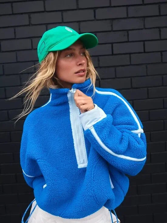 Free People Movement Mountain High 1/2 Zip Fleece Women XS Blue Crop Mock Neck - Picture 3 of 15